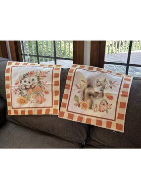 Set of 2 Fall Pillowcases 17.5” Square Covers Squirrel & Hedgehog Cottage Core